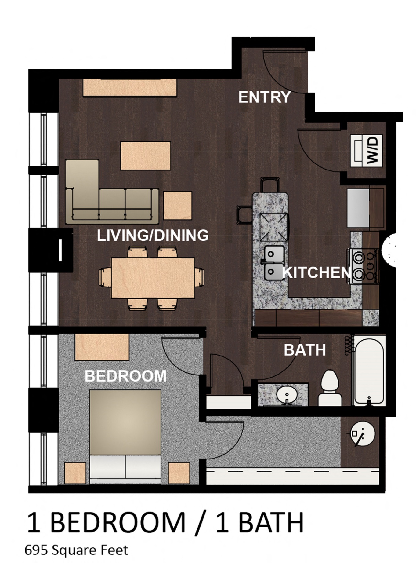 Floor plan for 1 bed, 1 bath, 695 sqft